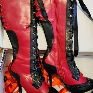 Pleaser Tempt Red and Black Women's Knee High Boots Zipper Satin Laces US Sz. 7